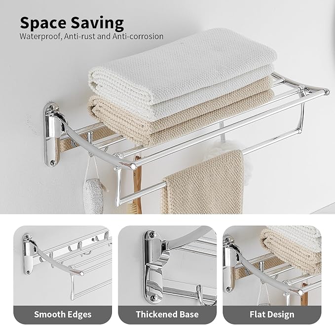BESy 24 Inch Polished Chrome Towel Racks, Bathroom Towel Shelf with Foldable Towel Bar Holder and Towel Hooks, Wall Mounted Multifunctional Bathroom Accessories, Double Towel Bars