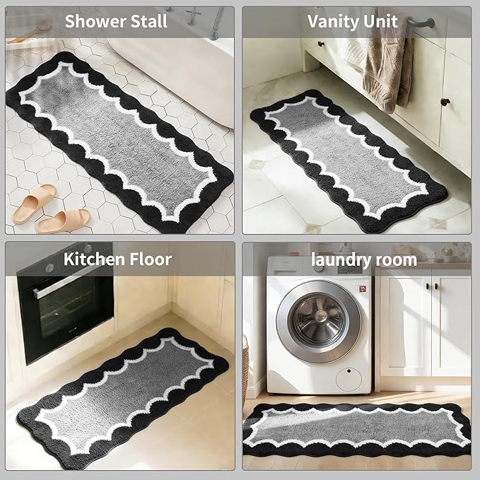 Scalloped Black Bathroom Rugs Mat,Non Slip Absorbent Quick Dry Bath Mats for Shower Room,Plush Microfiber Bath Rug for Bathroom Floor Washable Carpet for Shower Tub Sink Bedroom,17"x47"