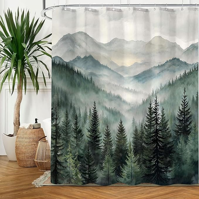 Accnicc Forest Mountain Shower Curtain Dark Green Nature Misty Pine Tree Shower Curtains for Bathroom Foggy Rustic Woodland Decorative Waterproof Fabric Bath Curtain Decor 72×84 Inches