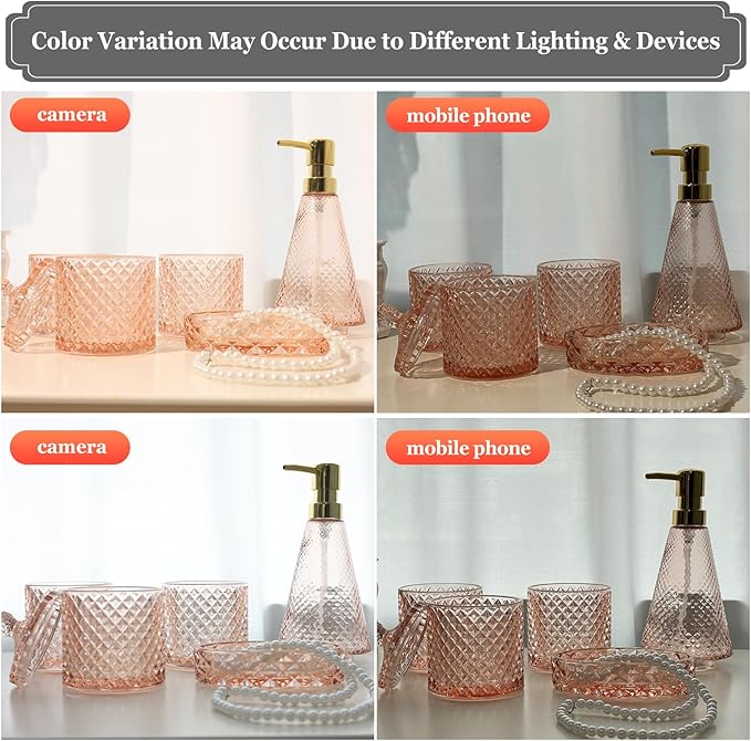 Pink Glass Bathroom Accessories Set 5 Pcs, Pink Bathroom Set, Soap Dispenser and Toothbrush Holder Set, Qtip Holder Set, Vintage Bathroom Sink Set, Cute Bathroom Decor