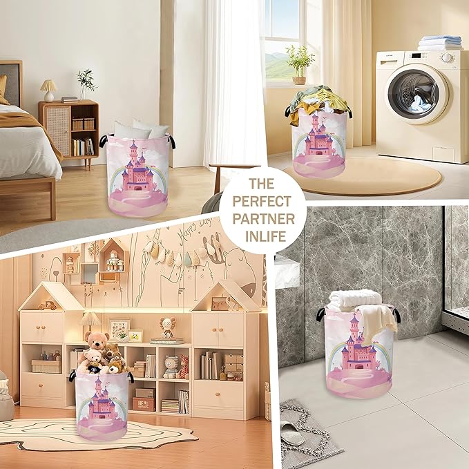 Pink Castle Laundry Basket,Princess Clothes Hamper,Oxford Cloth Collapsible Nursery Hamper Storage Organization for Bedroom,Bathroom,Office,College Dorms,16x20 Inch