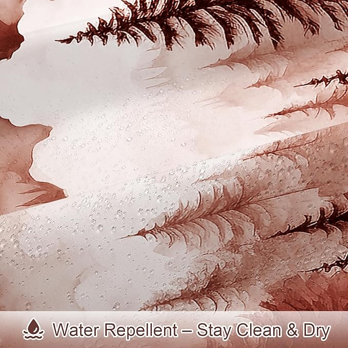 Burgundy Misty Pine Forest Shower Curtain, Mountain Foggy Woodland Scenery Tree Shower Curtains for Chic Rustic Bathroom, Abstract Modern Waterproof Nature-Themed Decor, 72x72 Inches