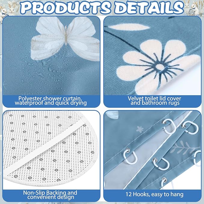 FuWeave 8 Pcs Easter Shower Curtain Set for Bathroom Decor Include Spring Floral Blue Bunny Egg Shower Curtain Hydrangea Towels Non Slip Rugs Toilet Lid Cover Bath Mat and 12 Hooks for Bathroom Decor