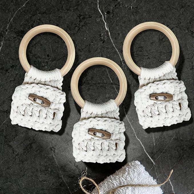 Aerbee Macrame Towel Holder Ring, 3PCS Kitchen Towel Hooks for Kitchen & Bathroom, Decorative Boho Style Kitchen Oven Towel Hanger Woodren Loop Ring, Suitable for Home Kitchen Bathroom, White