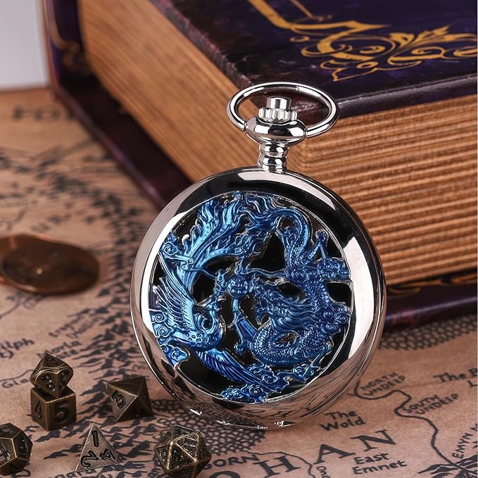 ManChDa Scrying Mirror Black Obsidian Mirror Lucky Dragon & Phoenix Pocket Watch Shell Witchcraft Kit Wiccan Supplies and Tools Witchy Gifts, Black Blue