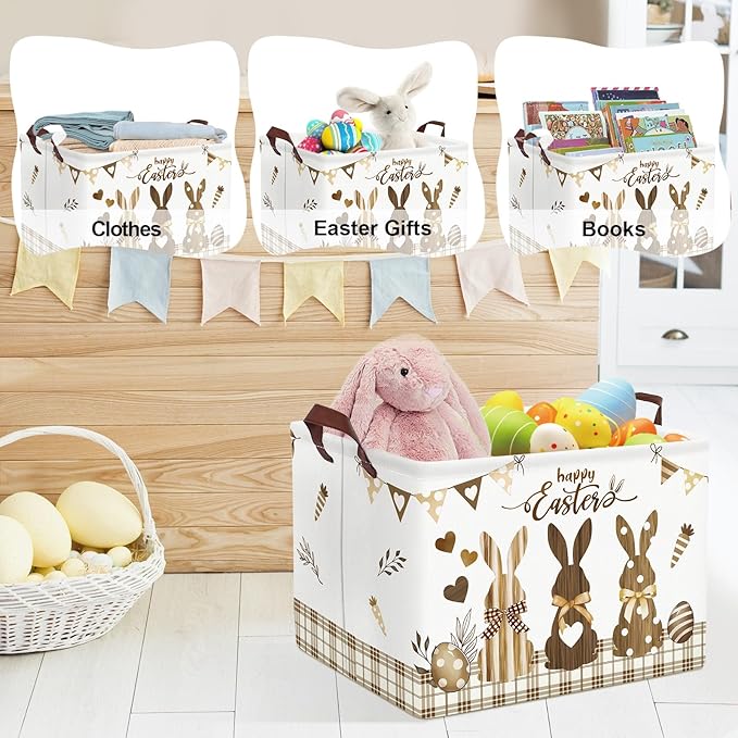 Clastyle Easter Rabbit Cross Kid Storage Basket Baby Laundry Hamper Boy Girl Gift Toy Box Collapsible Egg Clothes Organizer Nursery Bin for Bedroom, Brown, 40 * 30 * 30 cm