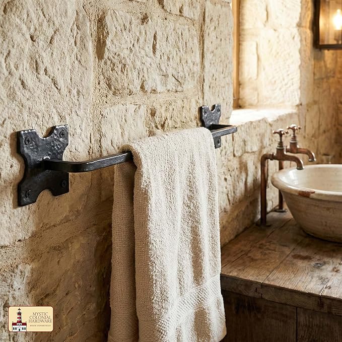 Mystic Colonial Cast Iron Towel Bar � 20 Inch Hand-Forged Rustic Wall Mounted Metal Rack for Bathroom, Kitchen, or Entryway � Vintage Black Heavy-Duty Towel Holder
