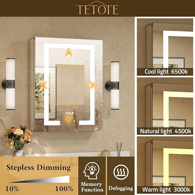 TETOTE LED Lighted Medicine Cabinet Mirror for Bathroom 20 x 26 Tempered Glass Recessed or Wall Mounted Cabinet with Storage & Outlets & USB, 3-Color Dimming Led Lights, Defogger, Adjustable Shelve