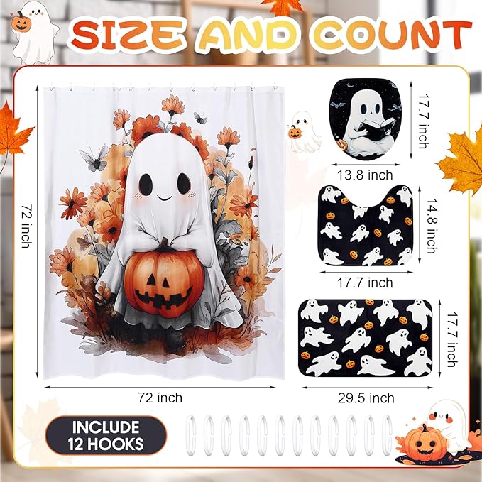 Remagr 4 Pcs Halloween Shower Curtain Set for Bathroom Ghost Pumpkin Halloween Bathroom Curtain Include Ghost Shower Curtains Non Slip Rug Toilet Lid Cover U Shaped Bath Mat and 12 Hooks for Home