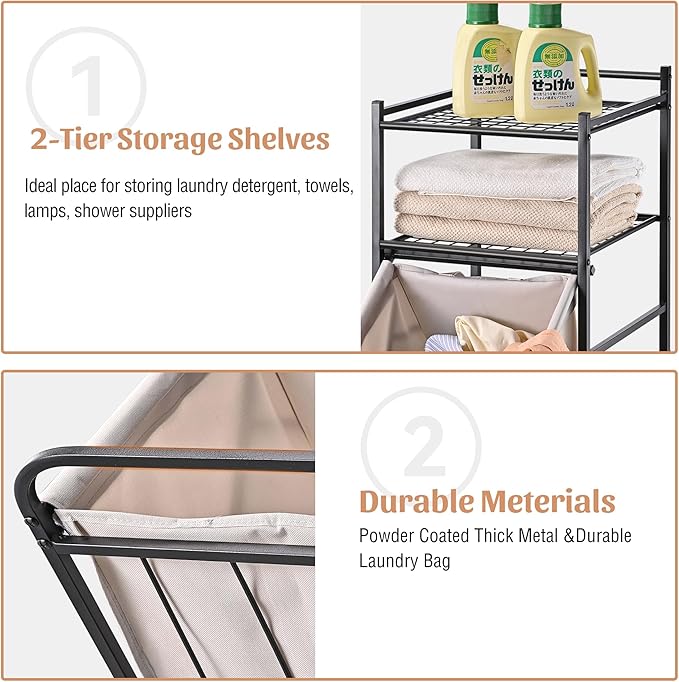 PLKOW Tilt Out Laundry Hamper with Shelf, Laundry Basket Laundry Hamper Cabinet with Removable Liner Bag, 65 Liter, 15.8L x 15.8W x 40H Inch