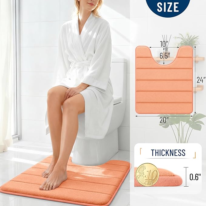 OLANLY Memory Foam Toilet Rugs U Shaped 24x20, Super Soft Absorbent Contour Bath Rugs, Quick Dry, Machine Washable Toilet Mat, Bathmat Floor Carpet, Bathroom Home Decor Accessories, Peach