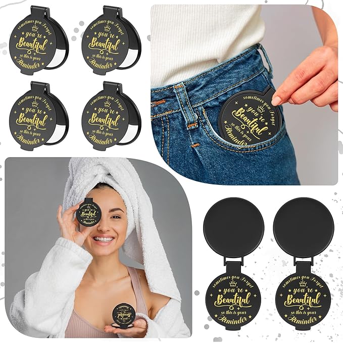 72 Pcs 2.76 Inch Inspirational Compact Mirror Bulk Women Small Gifts Graduation Party Favors Purse Mirror Pocket Mini Stuffer Items for Adult Coworker Cheerleader Employee (Black)