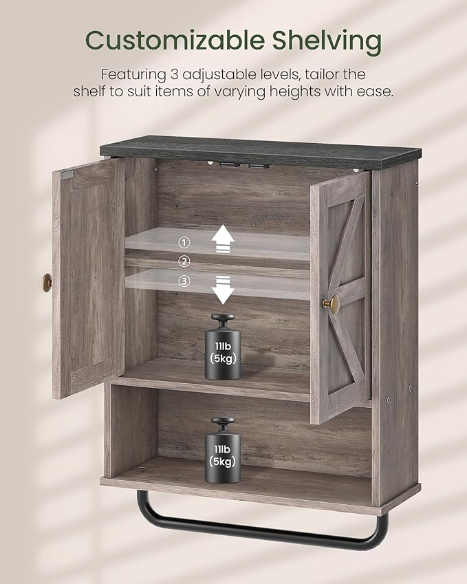 CHOEZON Bathroom Wall Cabinet, Medicine Cabinet with Open Partition and Towel Bar, Rustic Storage Cabinet with Open and Hidden Storage Space, for Bathroom, Living Room, Greige and Charcoal Black