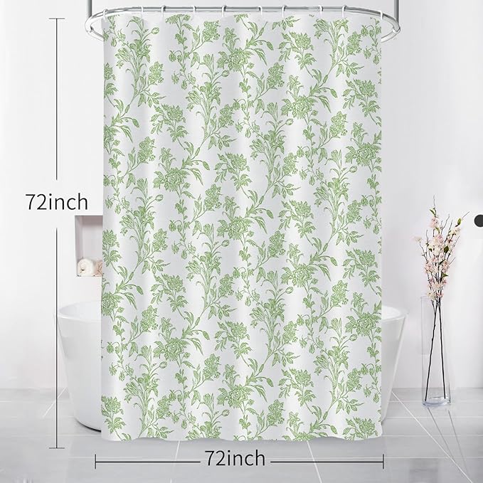 Seorsok Green Shower Curtain,Sage Floral Cotton Linen Cottagecore,Elegant Floral Fabric Shower Curtain Machine Washable Waterproof Bathroom Decor 72'Wx72'L inches