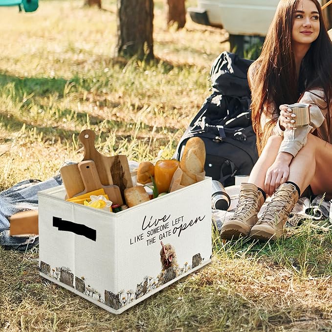 Rustic Chicken Storage Bins & Boxes with Handles, Farmhouse Chicken Foldable Basket for Organizing, Live Like Someone Left the Gate Open Collapsible Storage Basket for Bedroom Bathroom