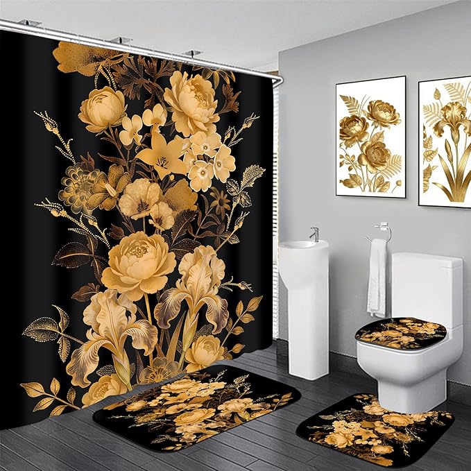FZDHHY 4Pcs Black and Orange Shower Curtain Set, Luxury-Floral Bathroom Sets, Modern Simple Bathroom Sets with Shower Curtain and Rugs, Shower Curtain with 12 Hooks