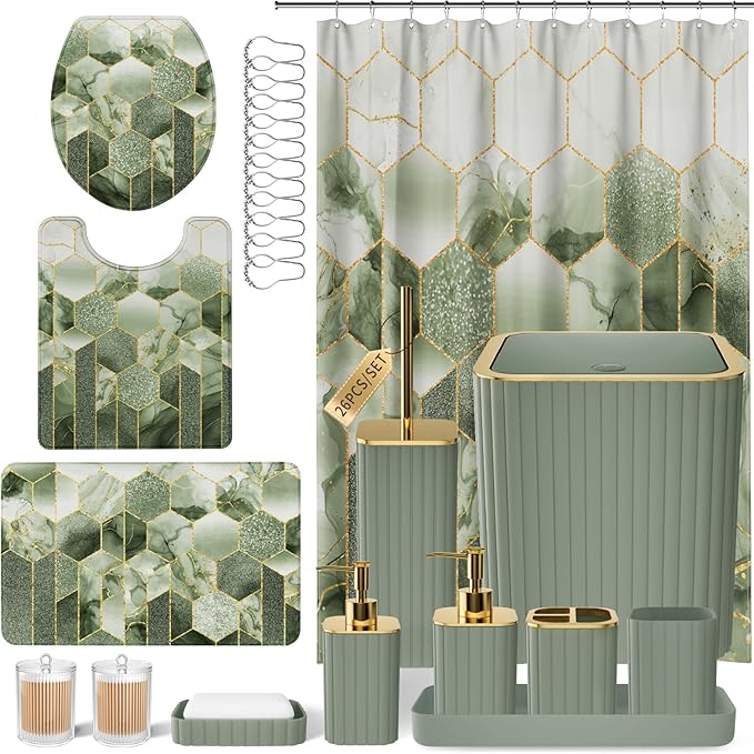 XLHOMO Bathroom Set - 26PC Bathroom Set with Shower Curtain and Rugs, Bathroom Accessory Set, Sage Green Bathroom Accessories Set, Trash Can & Soap Dispenser
