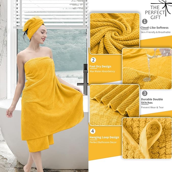 8 Piece Bathroom Towel Set |2 Oversized Bath Towels,2 Hand Towels,4 Washcloths| 600GSM Soft Large Bath Sheet Luxury Premium Microfibers Towel Highly Absorbent Quick Dry Hotel Towel Collection,Yellow