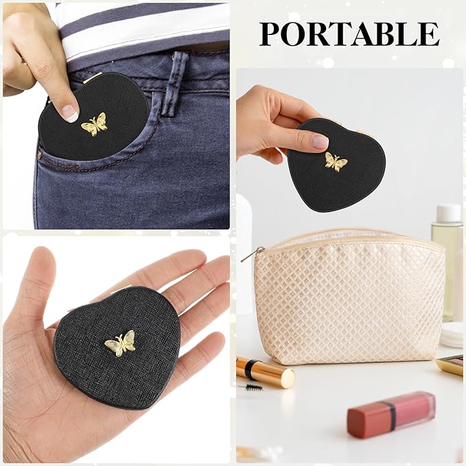 Qianyu Heart Shaped Double-Sided 1X/2X Magnifying Mirror, Compact Folding PU Leather Makeup Mirror, Ultra-Portable for Women Home Office Travel