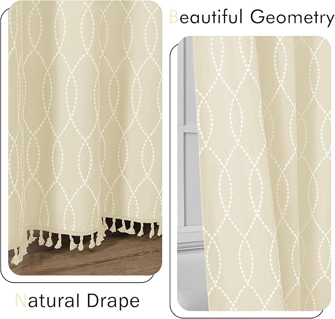 OVZME Light Beige Shower Curtain for Bathroom, Puff Printed Textured Shower Curtain with Tassels, Rustic Geometry Heavy Duty Vintage Country Bathroom Curtain, Water Resistant Fabric, 72Wx72L Inches