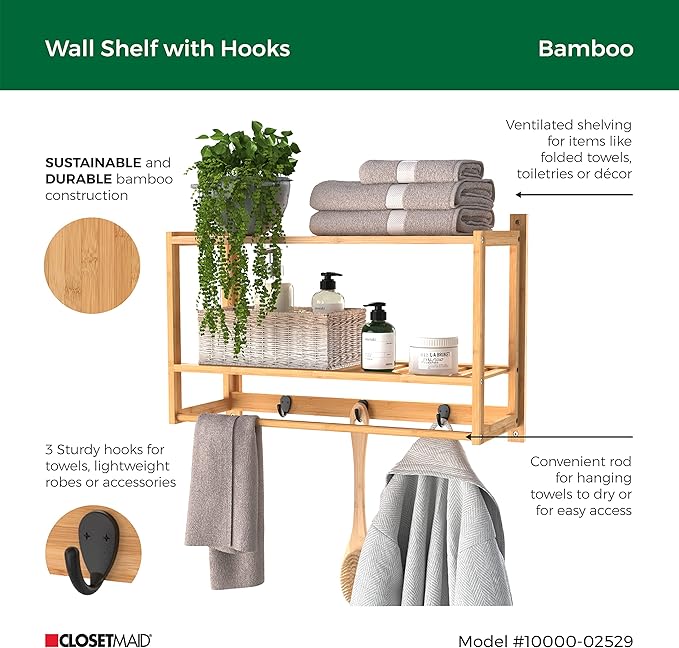 ClosetMaid Bamboo Wall Shelf with Towel Bar, 3 Hooks, Wall Mount Storage Shelves, 2 Tier, Organizer Rack, Natural Finish