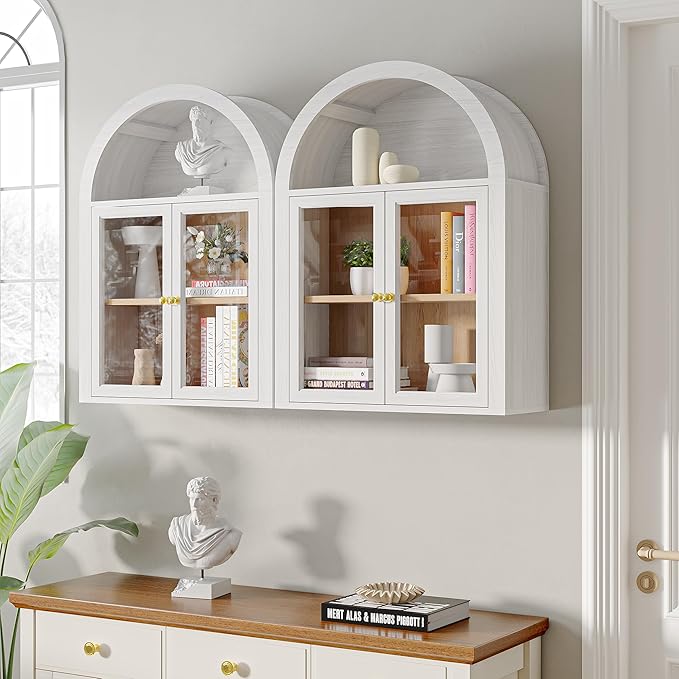 Furnaza Arched Wall Mounted Display Medicine Cabinets with Tempered Glass Doors and Adjustable Shelf for Bath or Living Room (White, 24" W X2pcs)