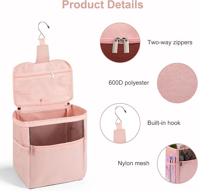 Mesh Shower Caddy Hanging Portable, Bathroom Caddy Organizer for College Dorm Essentials, Shower Tote Bag with Built-in Hook for Beach, Swimming, Gym camping (Pink)