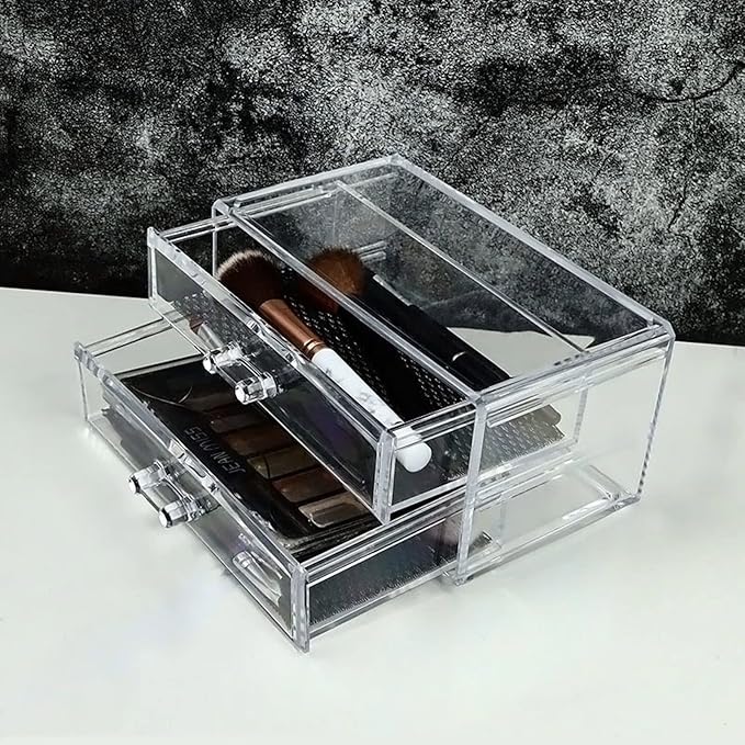 2 Drawer Transparent Acrylic Makeup Storage Box Desk Jewelry & Clear Cosmetic Organizer Vanity Storage Display Box Make Up Organizers and Storage Makeup Stand