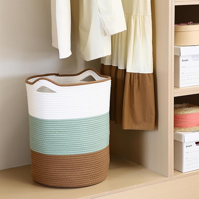 Sea Team Large Size Cotton Rope Woven Storage Basket with Handles, Laundry Hamper, Fabric Bucket, Drum, Clothes Toys Organizer for Kid's Room, 20 x 14 inches, Round Open Design, Green & Brown