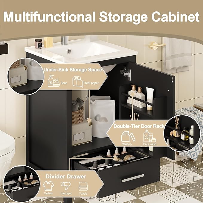 Virubi 20" Small Bathroom Vanity with Sink, Soft-Close Drawer and Door, Wood Modern Single Bathroom Sink Cabinet with Doors and Shelves, Adjustable Foot Pads, for Small Space (Black)