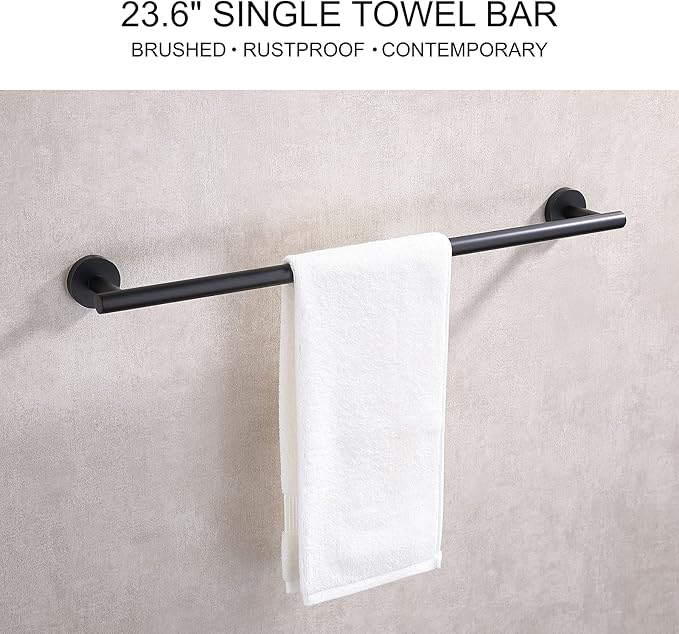 TASTOS 23.6 Inch Bath Towel Bar Matte Black, Premium SUS304 Stainless Steel Round Style Bathroom Heavy Duty Holder, Kitchen Rod, Wall Mount With Screws Rack