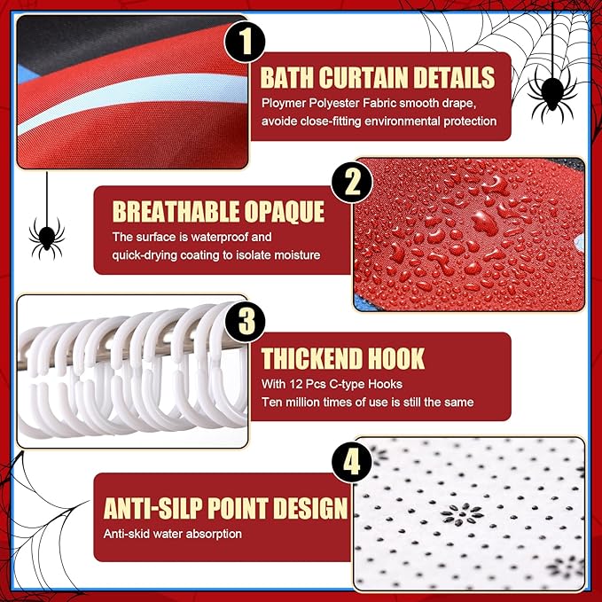 Nuanchu 6 Pcs Spider Shower Curtain Set with Rug Bathroom Sets with Shower Curtain Bath Mat U Shaped Mat Toilet Lid Cover 2 Bath Towels and 12 Hooks Spider Bathroom Decor