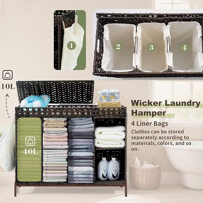 Gitelsnour Laundry Hamper with Lid, 130L(34.4 Gal) Rattan Laundry Hamper 3 Section with 50L (13.2 Gal) Storage Shelf, Wicker Woven Laundry Sorter Basket with 4 Liner Bags and Handles, Brown GLH003BR