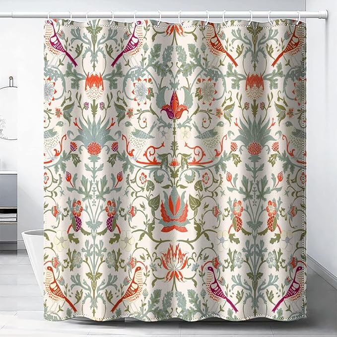 Bohemia William Morris Art Fabric Shower Curtain,Abstract Retro Mid Century Boho Floral Bird Hotel Quality,Machine Washable,84L x72W for Bathroom.