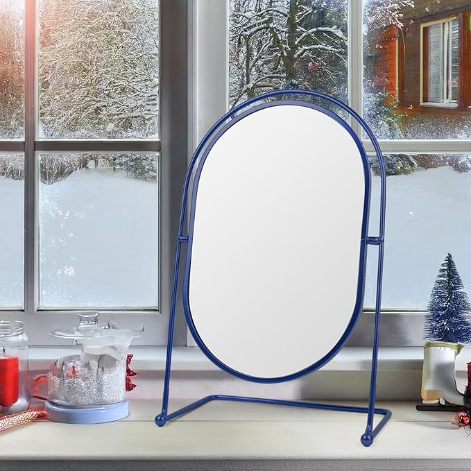 Tabletop Vanity Make up Mirror, Desktop Blue Standing Oval Personal Makeup Mirror Gift for Bathroom,Bedroom,Girls