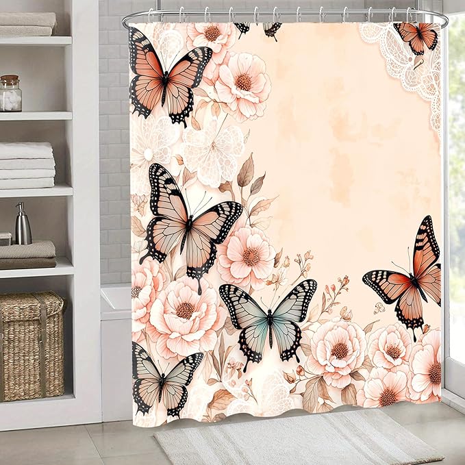 Dreamrflove Butterfly Shower Curtain, 1-Pack Pink Floral Shower Curtain, Butterfly Floral Bathroom Decor, 72x72 Inch Waterproof Polyester Insulated Home Decor