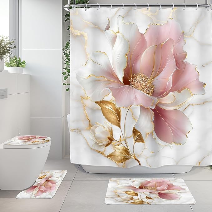 Riyidecor Marble Floral Pink Gold 4Pcs Bathroom Shower Curtain Sets Modern Flower Abstract Bathroom Decor Set with Rugs and Accessories Minimalist Toilet Lid Rug, Contour and Bath Mat with 12 Hooks