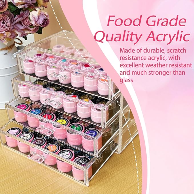 4 Tier Nail Art Decoration Storage Box，Acrylic Make Up&Jewelry Organizer with Drawers, Cosmetic Storage for Dresser Countertop and Bathroom，Transparent Acrylic Nail Art Jewelry Accessories