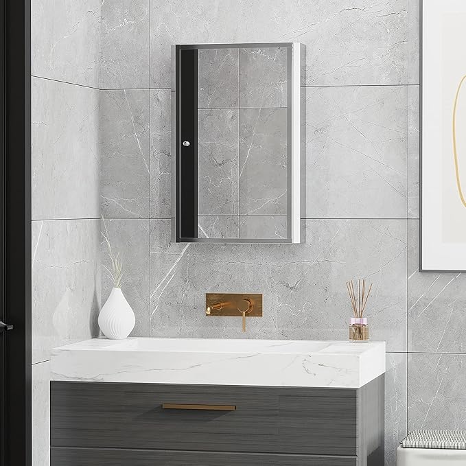 HOMCOM Bathroom Mirrored Cabinet, Vertical 16" x 24" Stainless Steel Frame Medicine Cabinet, Wall-Mounted Storage Organizer with Single Door