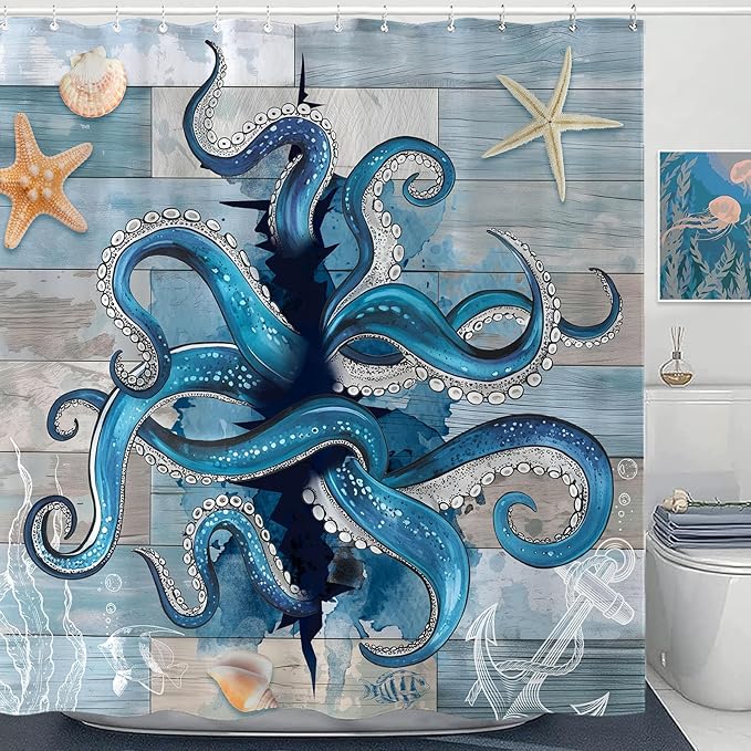 Accnicc Navy Blue Octopus Shower Curtain Funny Ocean Nautical Kraken Seashell Starfish Shower Curtains for Bathroom Beach Coastal Wooden Cool Unique Waterproof Fabric Bath Curtain Decor 72 X 72 Inch