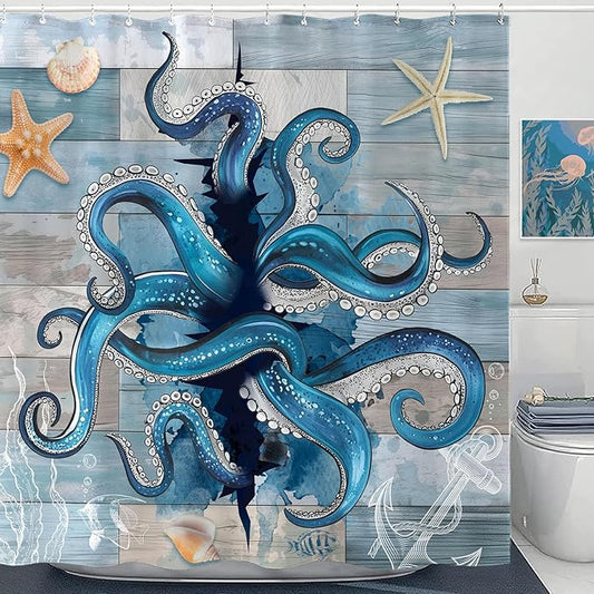 Accnicc Navy Blue Octopus Shower Curtain Funny Ocean Nautical Kraken Seashell Starfish Shower Curtains for Bathroom Beach Coastal Wooden Cool Unique Waterproof Fabric Bath Curtain Decor 72 X 72 Inch