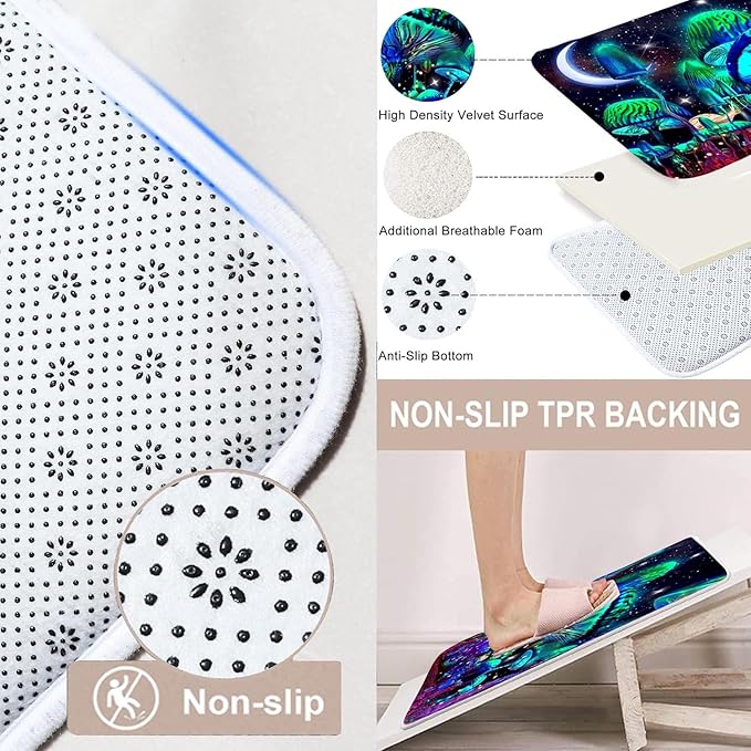 jieprom 4PCS Mushroom Bathroom Shower Curtain Set with Rugs, Toilet Lid Cover and Bath Mat, Moon and Stars with 12 Hooks, Durable Bathroom Decor Set