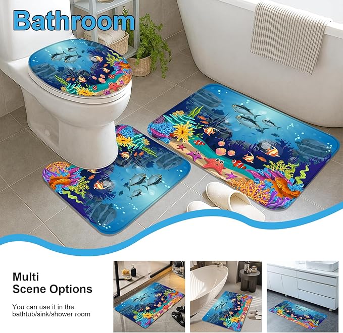 Colorful Fish Underwater Shower Curtain Set, 4 Piece Bathroom Decor with 12 Hooks, Vibrant Marine Life Bath Curtain