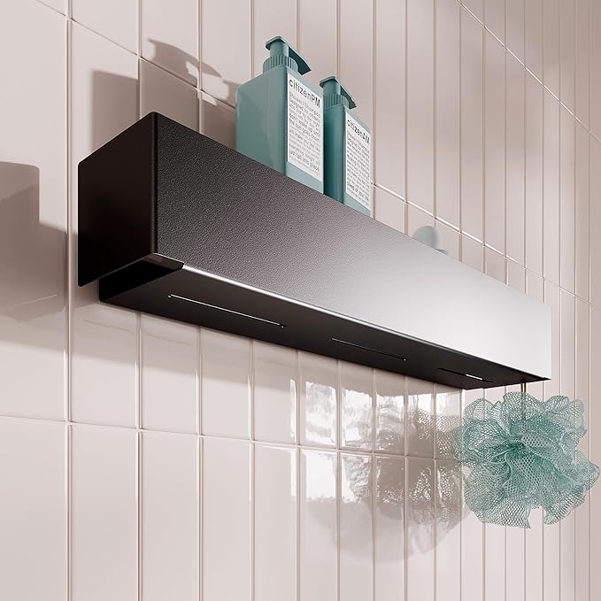 Modern Black Metal Floating Shelf for Bathroom & Kitchen – 20" Minimalist Wall Shelf with Powder-Coated Finish, No-Drill or Screw Mount, European-Made Stylish Organizer for Tiles & Walls