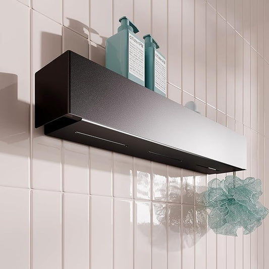 Modern Black Metal Floating Shelf for Bathroom & Kitchen – 20" Minimalist Wall Shelf with Powder-Coated Finish, No-Drill or Screw Mount, European-Made Stylish Organizer for Tiles & Walls