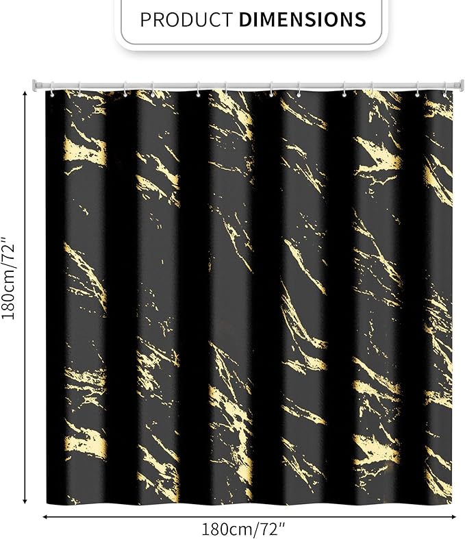 Black and Gold Shower Curtain, Black Marble Shower Curtain, Modern Fabric Shower Curtains for Bathroom, Black and Gold Texture Shower Curtain Set with Hooks 72x72