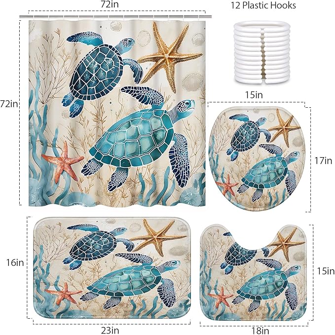 4 Piece Shower Curtain Set, Ocean Coral Sea Turtle Waterproof Bathroom Set Accessories with Non-Slip Rugs, Toilet Lid Cover Bath Mat and 12 Hooks, Blue Shell Animal Home Decor 72" x 72"
