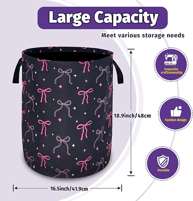 Beautiful Bow Laundry Basket Foldable Oxford Cloth With Handle Portable Colorful Storage Basket Organizer Suitable For Laundry Room/Living Room/Bedroom/Children'S Room (18.9 X 16.5 Inch)