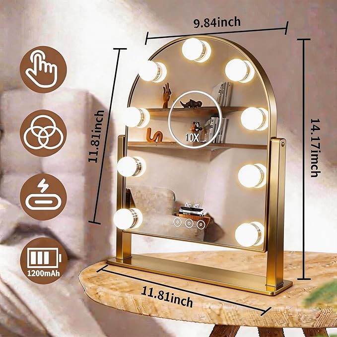 Arched Makeup Vanity Mirror with Lights LED Makeup Mirror Detachable 10X Magnification, Hollywood Make Up Mirror with Lighting, Smart Touch, Rechargeable,360° Rotation, Gold 14.17"x 11.81"