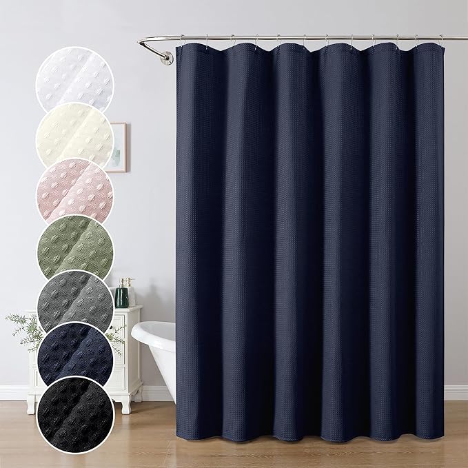 OWENIE Navy Blue Waffle Weave Fabric Shower Curtain, Textured Heavy Cloth Shower Curtains for Bathroom, Water Repellent Soft Hotel Spa Luxury Elegant Bath Curtain, Machine Washable, 72x78 Inch